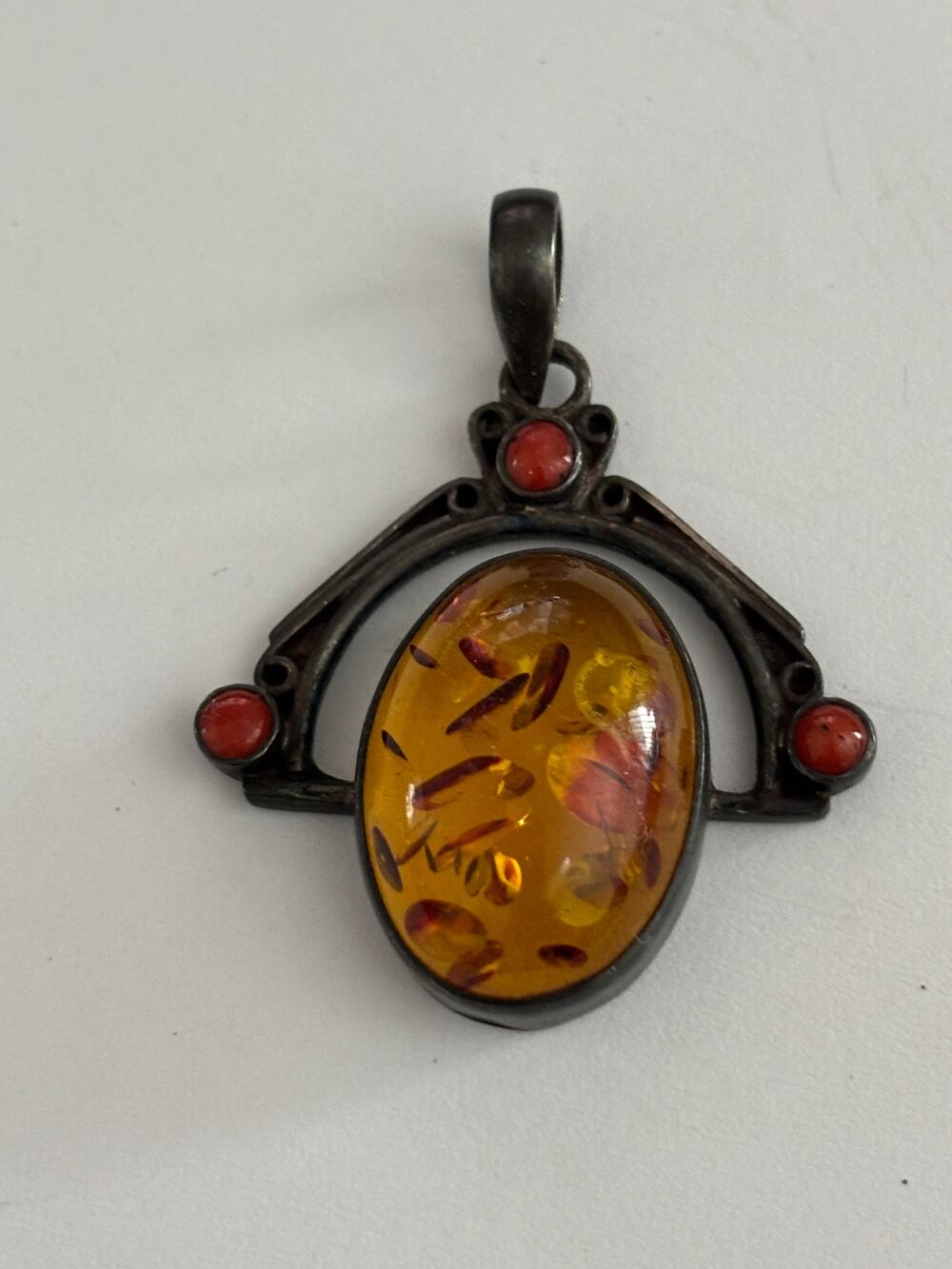Vintage Sterling Silver Amber & Genuine Red Coral Pendant Art Deco Style